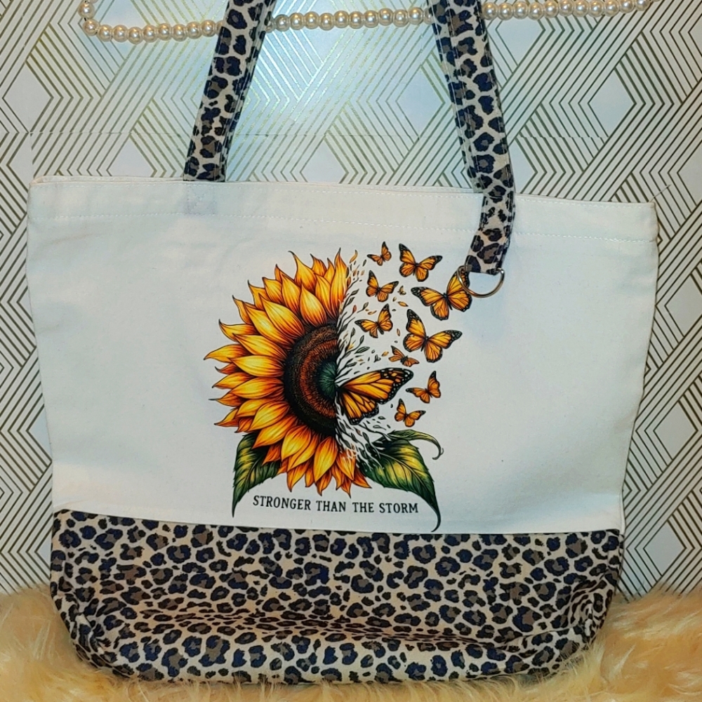 White and Yellow Sunflower Tote Bag with Leopard Accents
